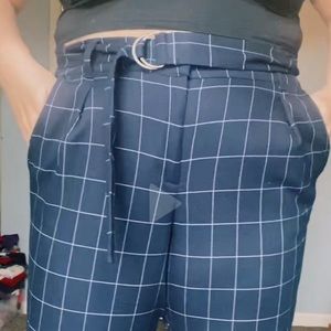 Women’s patterned navy ankle length dress pants with belt